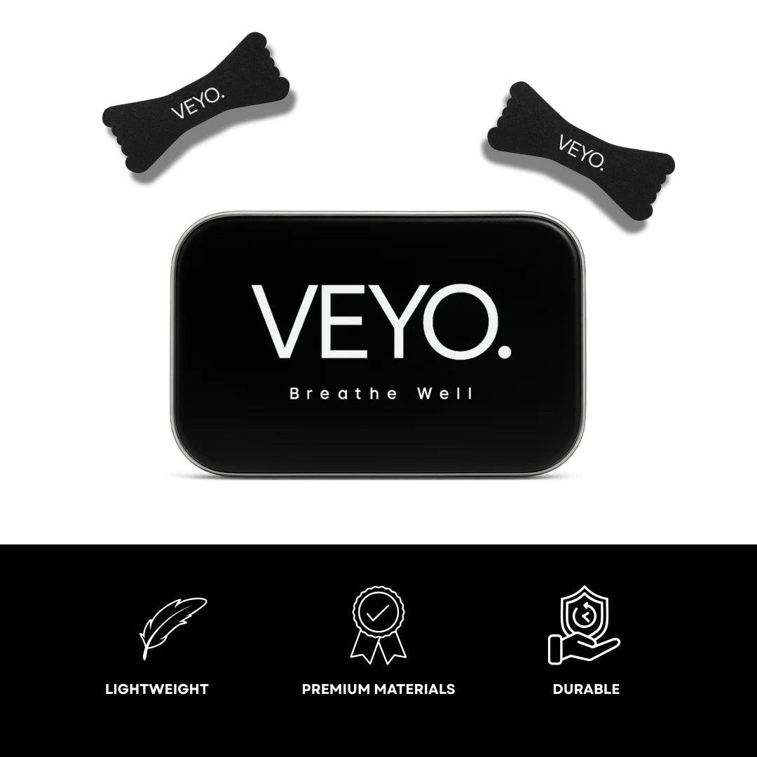 VEYO product packaging with black pouches and a black box on a white background.