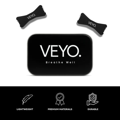 VEYO product packaging with black pouches and a black box on a white background.