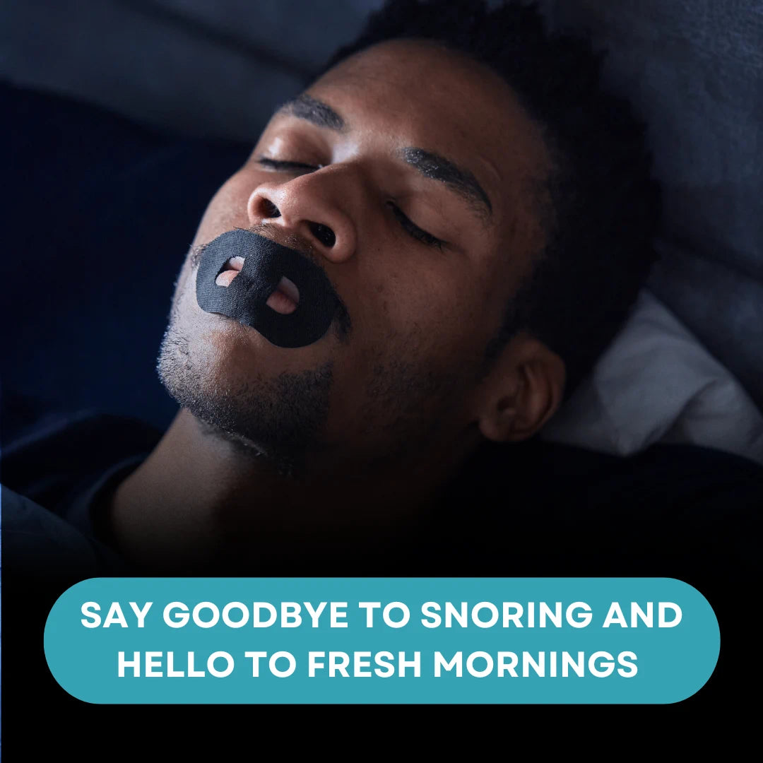 Sleeping man wearing VEYO light mouth tape for anti-snoring support and better sleep quality