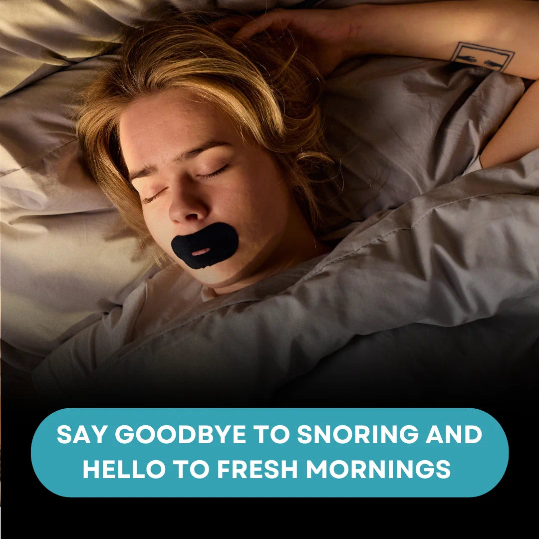 Sleeping woman wearing VEYO. Elite Mouth Tape for anti-snoring support and fresher mornings